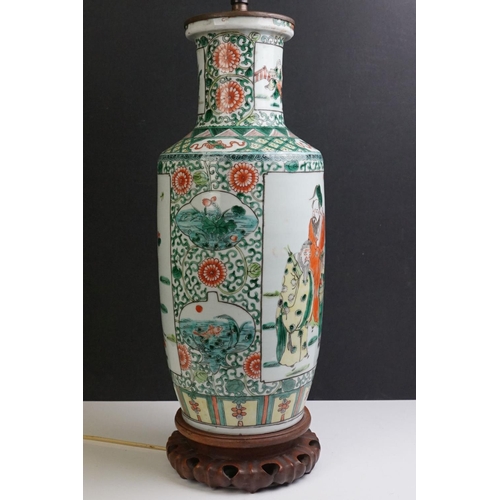 49 - Chinese Porcelain Famille Verte Table Lamp of Rouleau form, decorated with panels of figures, with w... 