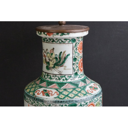 49 - Chinese Porcelain Famille Verte Table Lamp of Rouleau form, decorated with panels of figures, with w... 