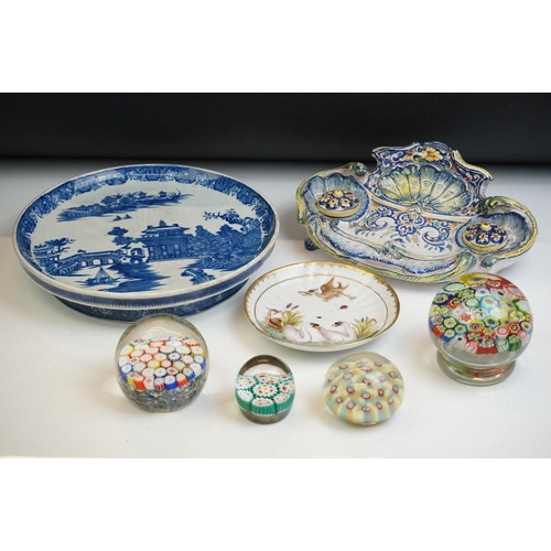 56 - Mixed lot including Four Millefiori Glass Paperweights, Faience Double Inkstand / Standish, Capodimo... 