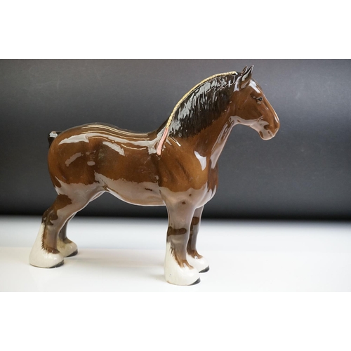 61 - Two Beswick porcelain shire horse figures in brown gloss (tallest measures 26.5cm high)