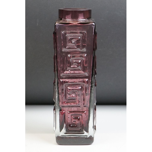 9 - Whitefriars Style Aubergine glass vase with Greek Key decoration, 19.5cm tall