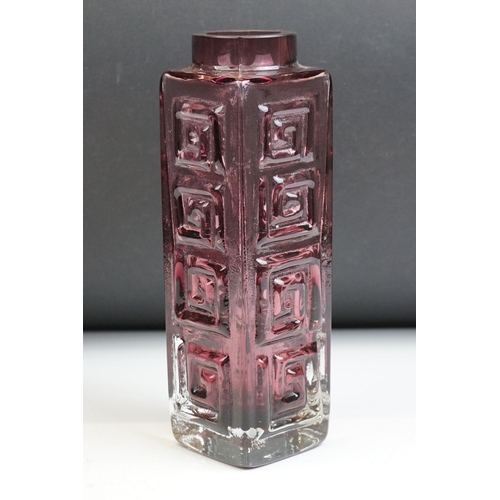 9 - Whitefriars Style Aubergine glass vase with Greek Key decoration, 19.5cm tall