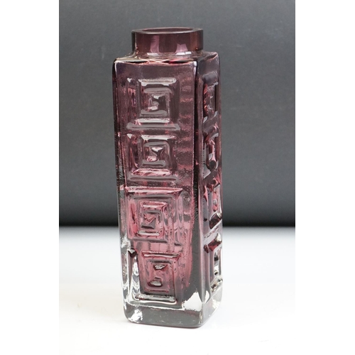 9 - Whitefriars Style Aubergine glass vase with Greek Key decoration, 19.5cm tall