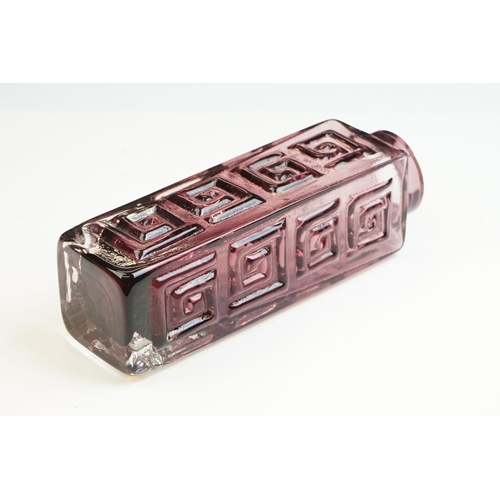 9 - Whitefriars Style Aubergine glass vase with Greek Key decoration, 19.5cm tall