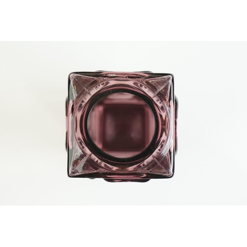 9 - Whitefriars Style Aubergine glass vase with Greek Key decoration, 19.5cm tall