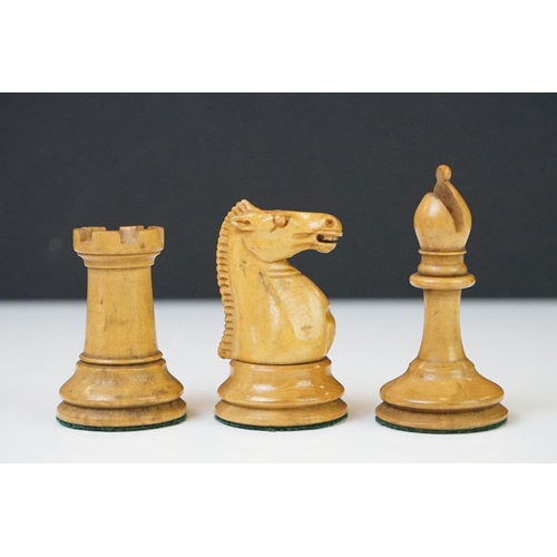 217 - A vintage Staunton chess set, the kings both marked Jaques London, complete with original box and in... 