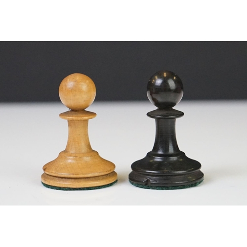 217 - A vintage Staunton chess set, the kings both marked Jaques London, complete with original box and in... 