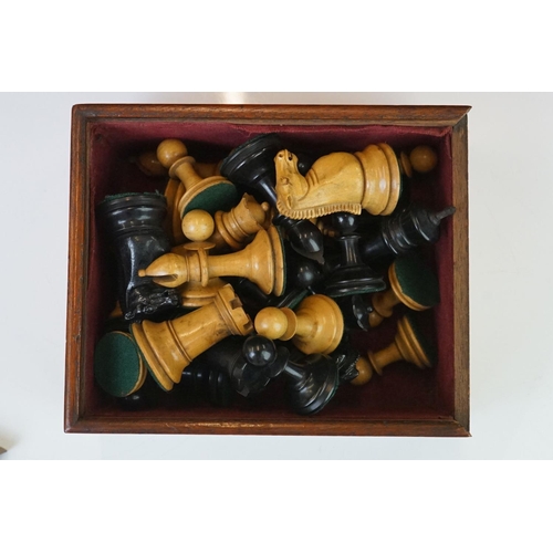 217 - A vintage Staunton chess set, the kings both marked Jaques London, complete with original box and in... 