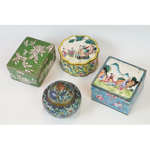 218 - A collection of three oriental cloisonné enamel trinket boxes together with a similar lidded jar.