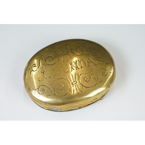 219 - A collection of five antique brass snuff or tobacco boxes to include a 19th century example, one ins... 