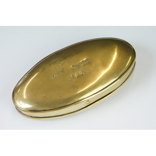 219 - A collection of five antique brass snuff or tobacco boxes to include a 19th century example, one ins... 