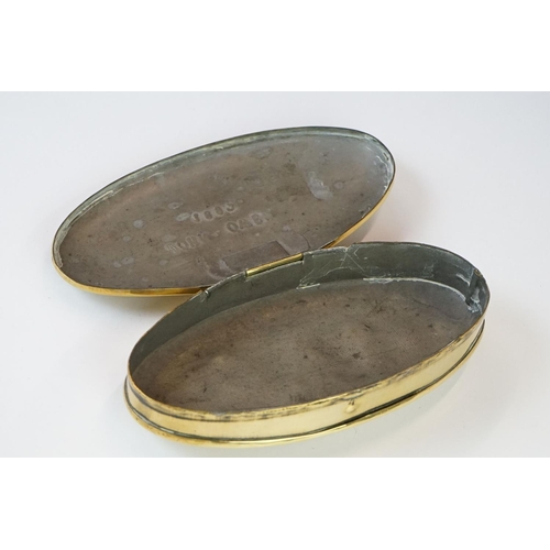 219 - A collection of five antique brass snuff or tobacco boxes to include a 19th century example, one ins... 