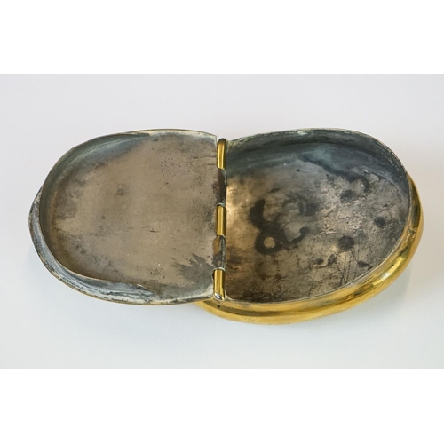 219 - A collection of five antique brass snuff or tobacco boxes to include a 19th century example, one ins... 