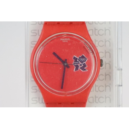 284 - A cased Swatch London 2012 olympics quartz wristwatch.