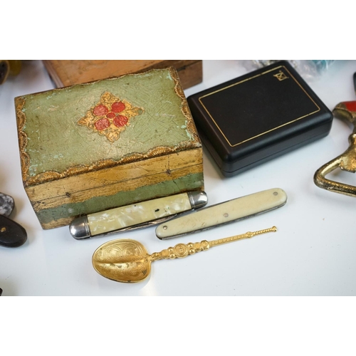 304 - Box of mixed collectables to include silver plated cutlery, trinket boxes, costume jewellery, milita... 