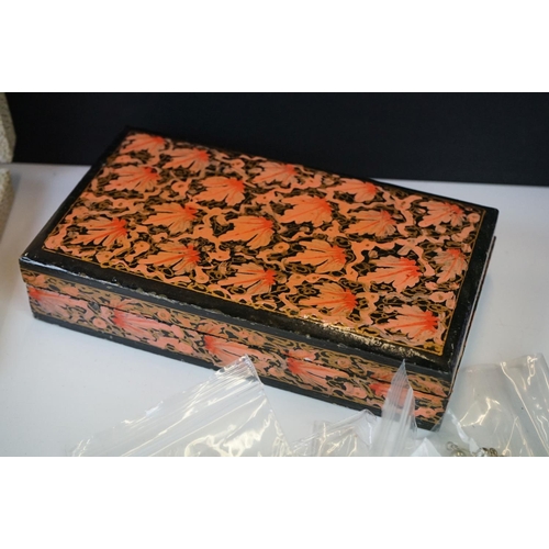 304 - Box of mixed collectables to include silver plated cutlery, trinket boxes, costume jewellery, milita... 