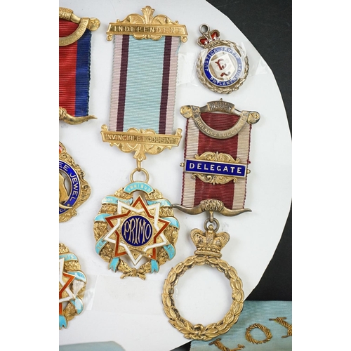 309 - A collection of mainly hallmarked sterling silver R.A.O.B. Jewels Medals to include many enamelled e... 