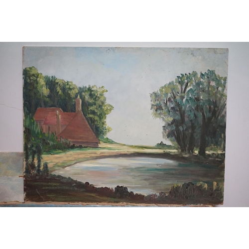 464 - Group of seven oil paintings to include landscape on canvas signed L Gruner & six other country view... 