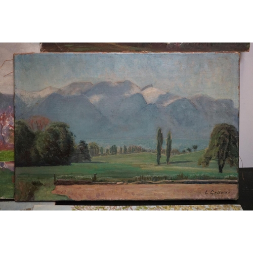 464 - Group of seven oil paintings to include landscape on canvas signed L Gruner & six other country view... 