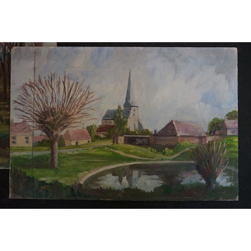 464 - Group of seven oil paintings to include landscape on canvas signed L Gruner & six other country view... 