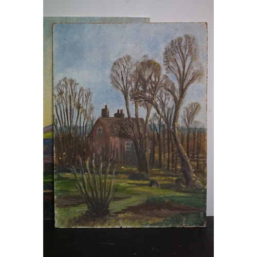 464 - Group of seven oil paintings to include landscape on canvas signed L Gruner & six other country view... 