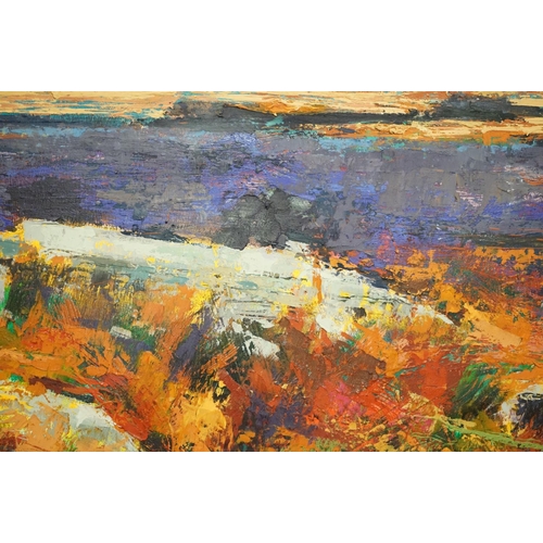 474 - Neil Davies (British 20th century) Oil on Board titled to verso ' Autumn approaching Zennor Quoit ',... 