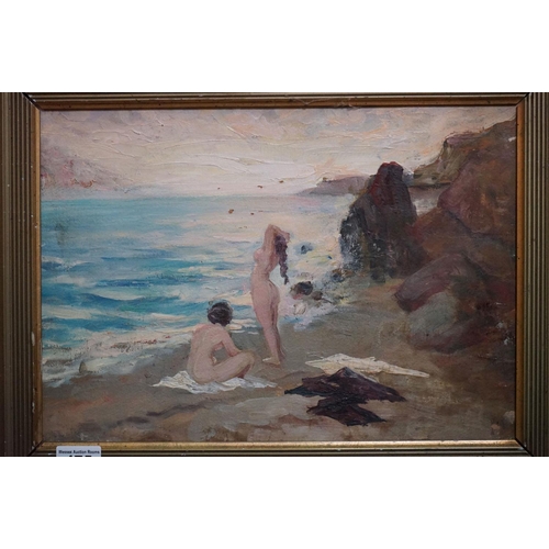 475 - Oil on board, coastal scene with nude females on a beach beside rocks, approx. 28.5cm x 40cm