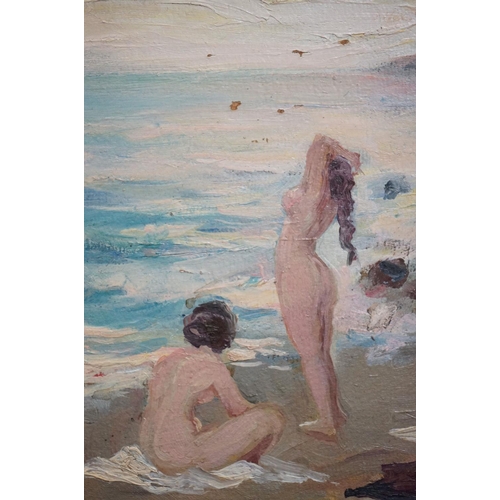 475 - Oil on board, coastal scene with nude females on a beach beside rocks, approx. 28.5cm x 40cm