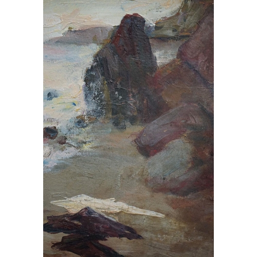 475 - Oil on board, coastal scene with nude females on a beach beside rocks, approx. 28.5cm x 40cm