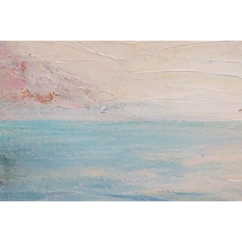 475 - Oil on board, coastal scene with nude females on a beach beside rocks, approx. 28.5cm x 40cm