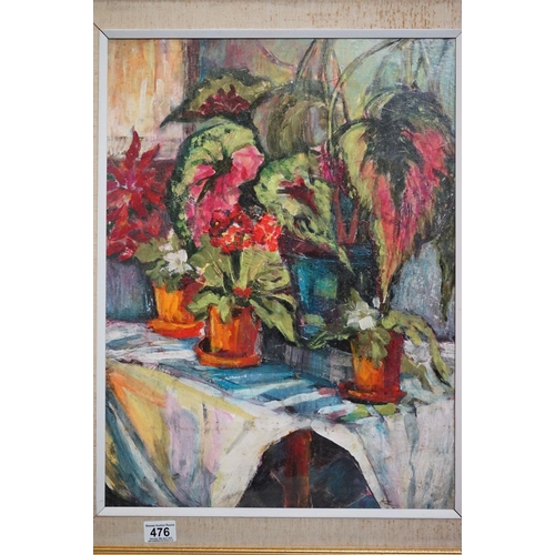 476 - 20th century oils on board, a still life of an array of potted plants on a table with drape, approx.... 