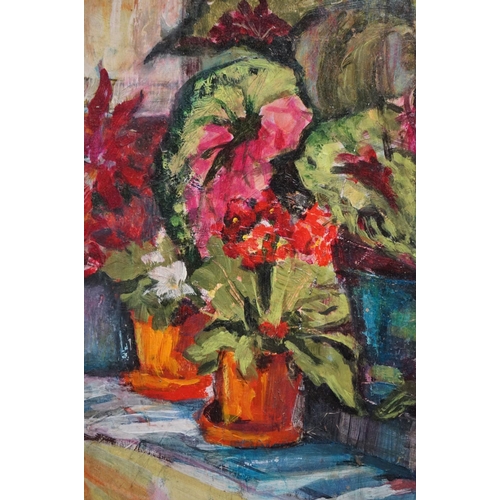 476 - 20th century oils on board, a still life of an array of potted plants on a table with drape, approx.... 