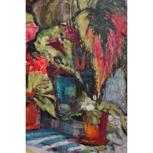 476 - 20th century oils on board, a still life of an array of potted plants on a table with drape, approx.... 