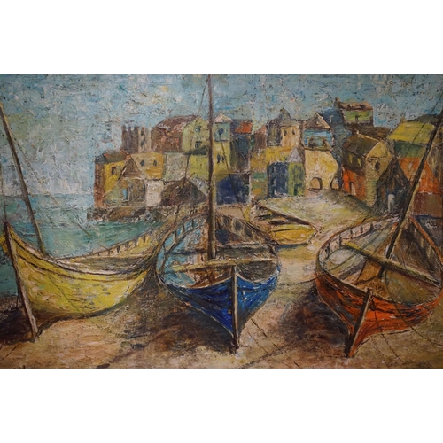 479 - Sheila Todd oil on board, beached boats by a fishing village, approx. 45cm x 75cm