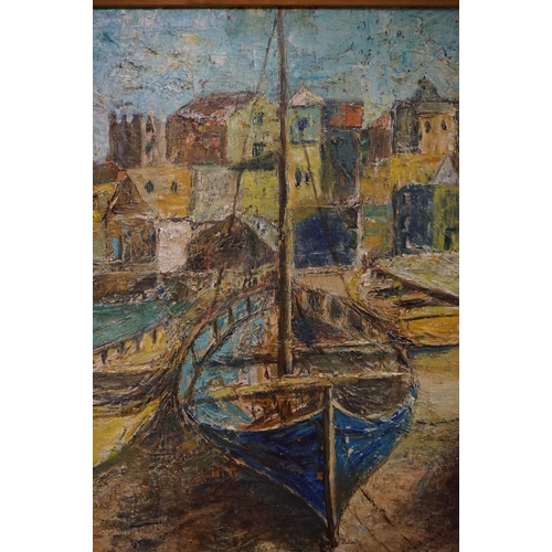 479 - Sheila Todd oil on board, beached boats by a fishing village, approx. 45cm x 75cm