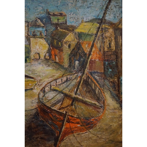 479 - Sheila Todd oil on board, beached boats by a fishing village, approx. 45cm x 75cm