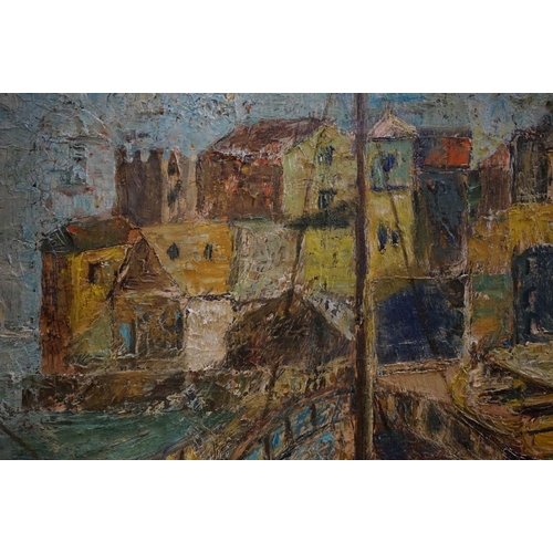 479 - Sheila Todd oil on board, beached boats by a fishing village, approx. 45cm x 75cm