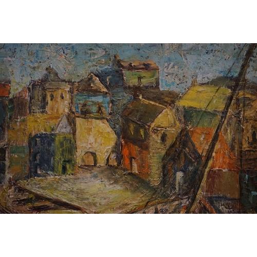 479 - Sheila Todd oil on board, beached boats by a fishing village, approx. 45cm x 75cm