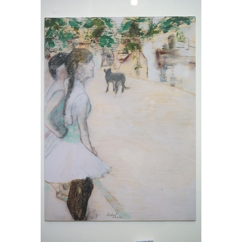 483 - Isobel Macleod 20th century pastel and wash, scene with girls and dog, signed and dated, approx. 40.... 