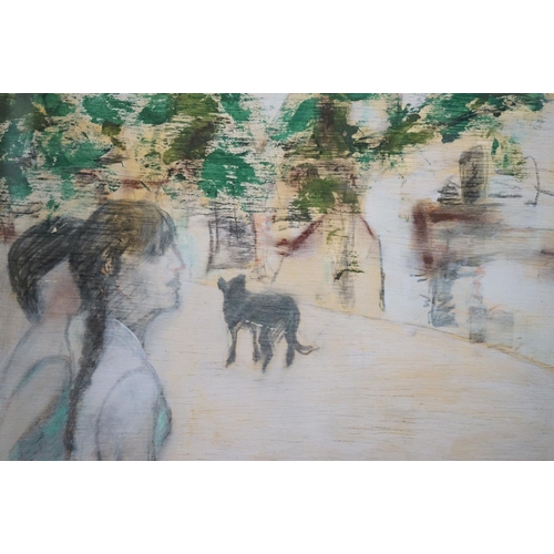 483 - Isobel Macleod 20th century pastel and wash, scene with girls and dog, signed and dated, approx. 40.... 