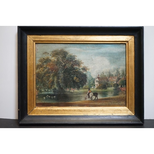 487 - Oil Painting on Panel of Figures with horses beside lake, 19cm x 27cm