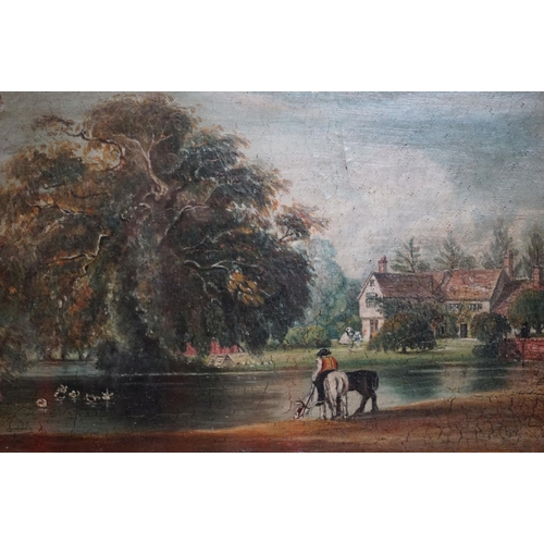 487 - Oil Painting on Panel of Figures with horses beside lake, 19cm x 27cm