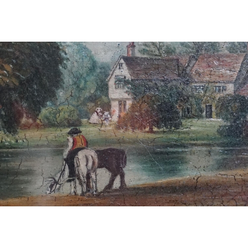 487 - Oil Painting on Panel of Figures with horses beside lake, 19cm x 27cm