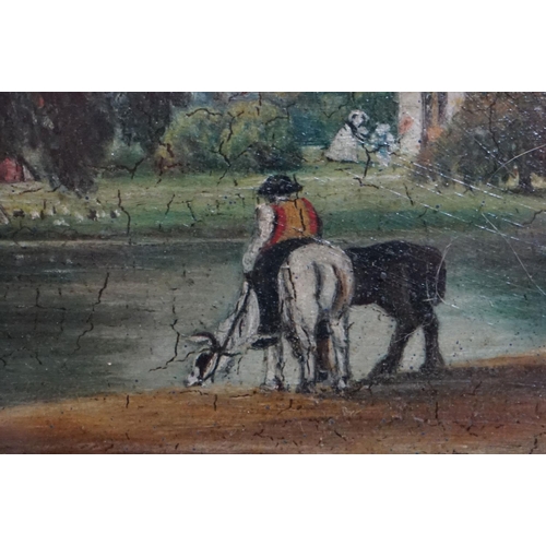 487 - Oil Painting on Panel of Figures with horses beside lake, 19cm x 27cm