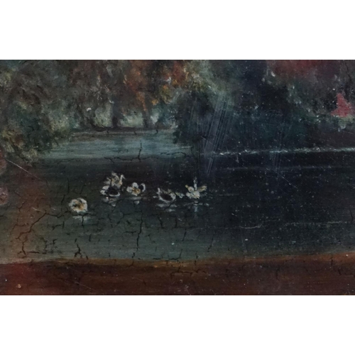 487 - Oil Painting on Panel of Figures with horses beside lake, 19cm x 27cm