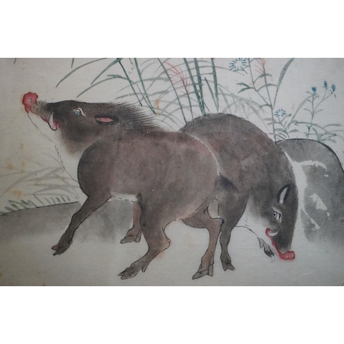 488 - Framed and glazed Chinese watercolour of wild boar in their habitat