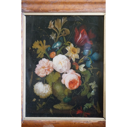 490 - Oil on glass, a still life of flowers in an urn, together with two gilt framed watercolours of garde... 