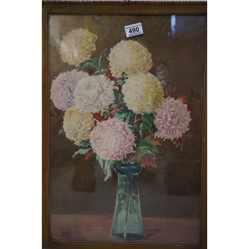 490 - Oil on glass, a still life of flowers in an urn, together with two gilt framed watercolours of garde... 