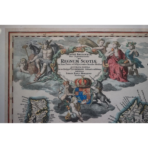 491 - Antique Coloured Map Engraving of Scotland by Johann Babtist Homann, 'Regnum Scotiae', 58cm x 49cm, ... 