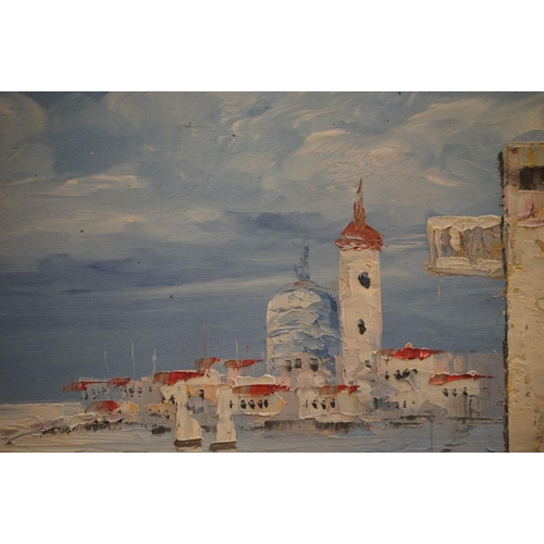 492 - Mid century Oil Painting on Board of a Venice scene signed C. Brown, 51cm x 62cm, gilt framed